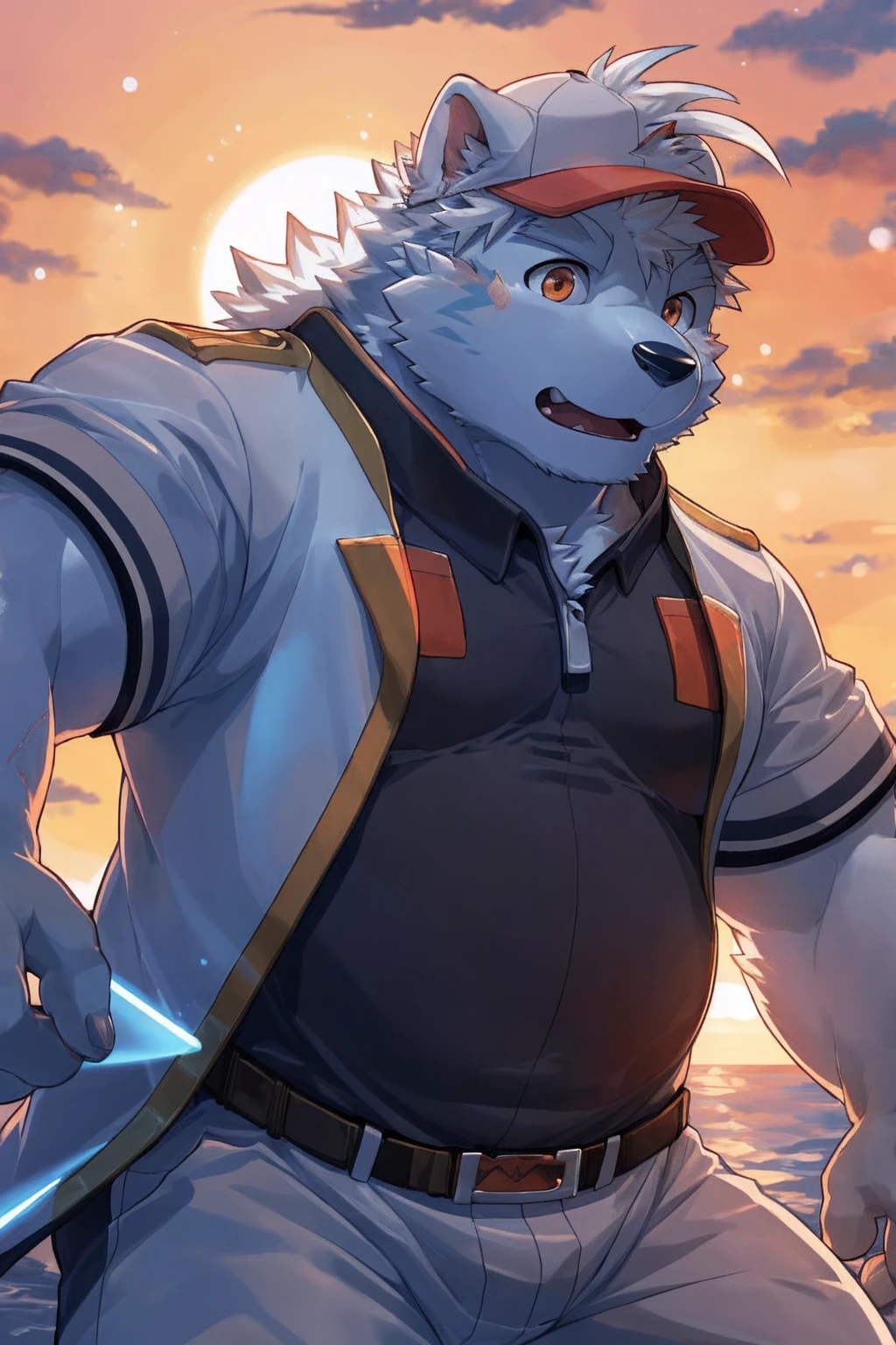 human nature, Wildlife, male,18 years old， solitary, ((Round Face, The face is plump,Orange eyes,Thick white hair，With wounds)), ((Endomorph, Handsome，enthusiasm)), (Sportswear，Light blue and white coat，Wear a sports cap), ((domestic 犬, Dog Orc，) Fluffy fur, Fluffy), Bokeh, (high quality, high resolution, masterpiece), (Dynamic Lighting, Vibrant colors，Natural fill light), (Revitalize，Disdain，aggressive), Full body picture (close up), cartoon, author：Takemoto Arashi, From zixiong, By Chunni, author：Empty Ghost，（background：Sunset Jungle）