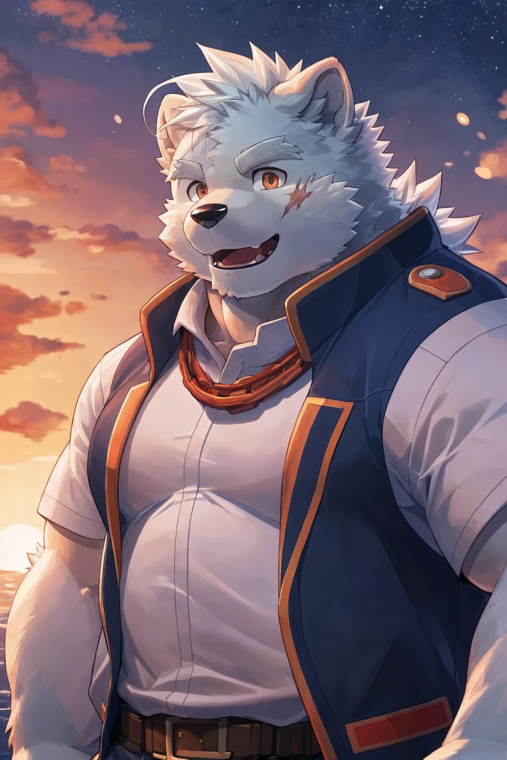 human nature, Wildlife, male,18 years old， solitary, ((Round Face, The face is plump,Orange eyes,Thick white hair，With wounds)), ((Endomorph, Handsome，enthusiasm)), (Sportswear，Light blue and white coat，Wear a sports cap), ((domestic 犬, Dog Orc，) Fluffy fur, Fluffy), Bokeh, (high quality, high resolution, masterpiece), (Dynamic Lighting, Vibrant colors，Natural fill light), (Revitalize，Disdain，aggressive), Full body picture (close up), cartoon, author：Takemoto Arashi, From zixiong, By Chunni, author：Empty Ghost，（background：Sunset Jungle）