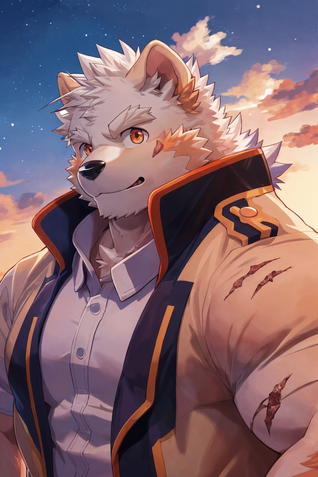 human nature, Wildlife, male,18 years old， solitary, ((Round Face, The face is plump,Orange eyes,Thick white hair，With wounds)), ((Endomorph, Handsome，enthusiasm)), (Sportswear，Light blue and white coat，Wear a sports cap), ((domestic 犬, Dog Orc，) Fluffy fur, Fluffy), Bokeh, (high quality, high resolution, masterpiece), (Dynamic Lighting, Vibrant colors，Natural fill light), (Revitalize，Disdain，aggressive), Full body picture (close up), cartoon, author：Takemoto Arashi, From zixiong, By Chunni, author：Empty Ghost，（background：Sunset Jungle）