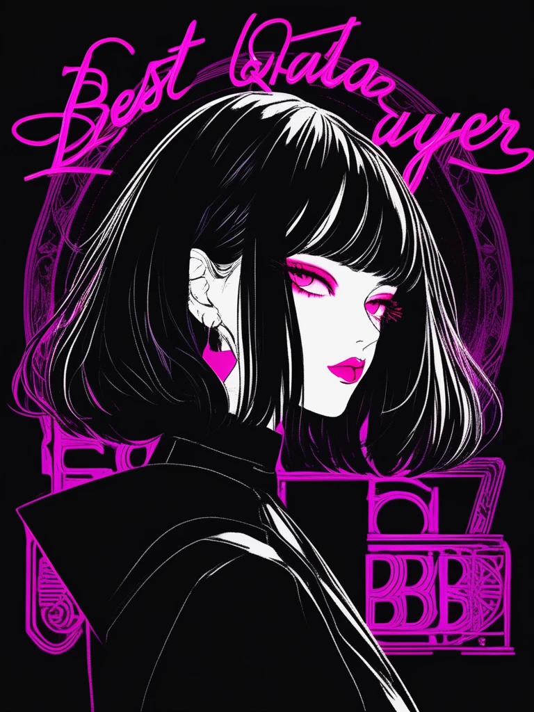 (best qualityer, outline:1.2),realisitic,illustrator,アニメ,1 girl, Detailed lips, preto dress8,personalized, (monochrome dark background),neon hair,textured cut, Obra de artistry, classic retro style, dark black, artistry, outline book, (black bob hair:1.75 neon:1.32), Bad women , dark shadows 