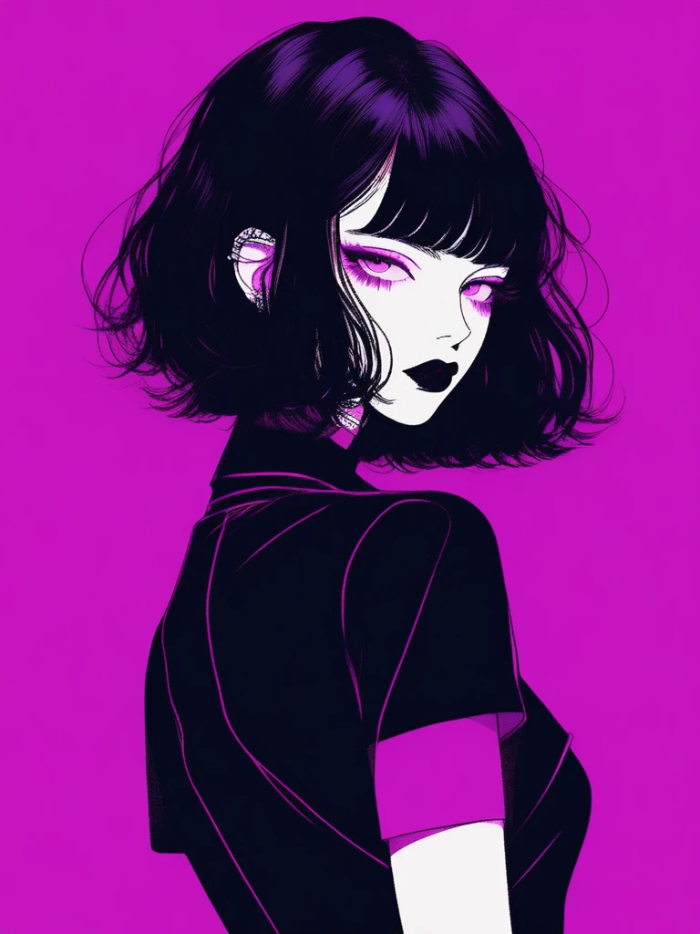 (best qualityer, outline:1.2),realisitic,illustrator,アニメ,1 girl, Detailed lips, preto dress8,personalized, (monochrome dark background),neon hair,textured cut, Obra de artistry, classic retro style, dark black, artistry, outline book, (black bob hair:1.75 neon:1.32), Bad women , dark shadows 