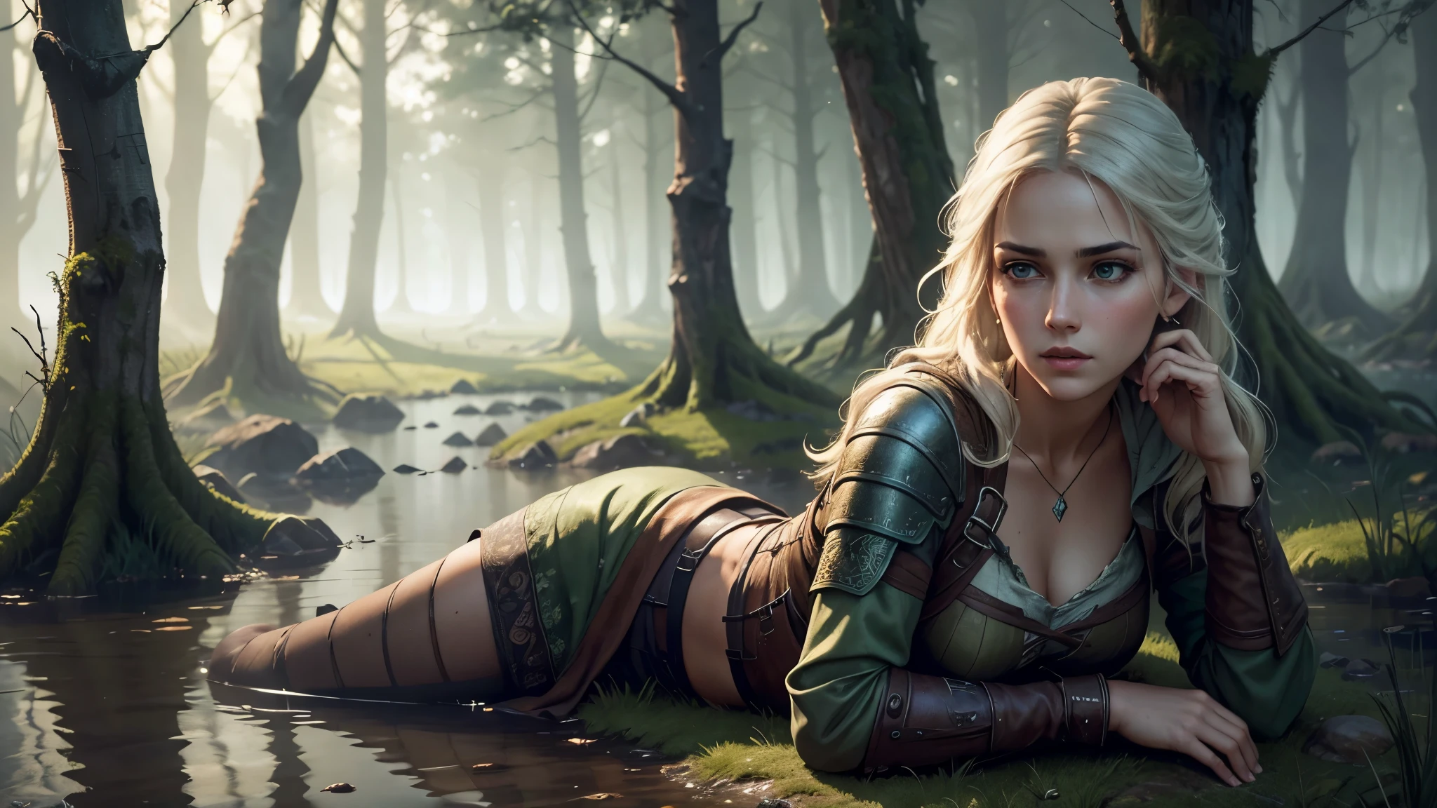 (beautiful and realistic image) young girl(Model Figure)(looks like Cirilla from The Witcher 3) lying on the ground, next to the swamp. Her clothes are badly torn, revealing all its charms. In the background, a monstrous creature emerges from the swamp. piece of art (Best quality, 4K, 8 k, A high resolution, masterpiece:1.2) and there is (ultra detailed, Ultra realistic, Photorealistic:1.37). The art style is a combination of (Detailed Portraits, fantasy, dark fantasy). The color palette is dominated by earthy tones., with a hint of eerie swamp green. The lighting emphasizes the girl's figure, casting dramatic shadows and highlighting her beauty.