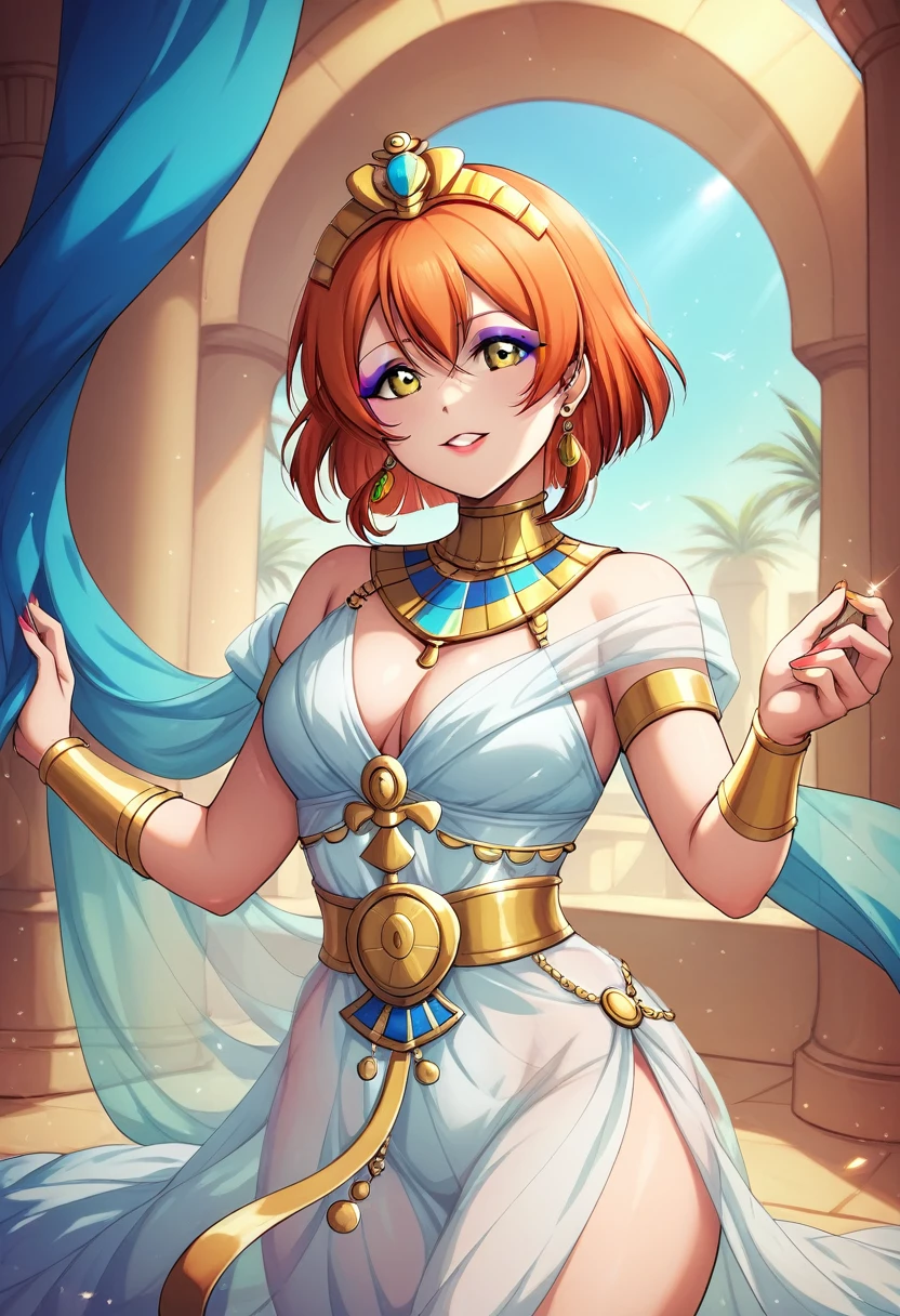 Masterpiece, sksrin, beautiful , facial details, 8k wallpaper, Rin Hoshizora Love Live, short hair, white see through dress, Egypt queen,tiara,in Egypt ,(lipstick:0.8), (makeup:0.8)