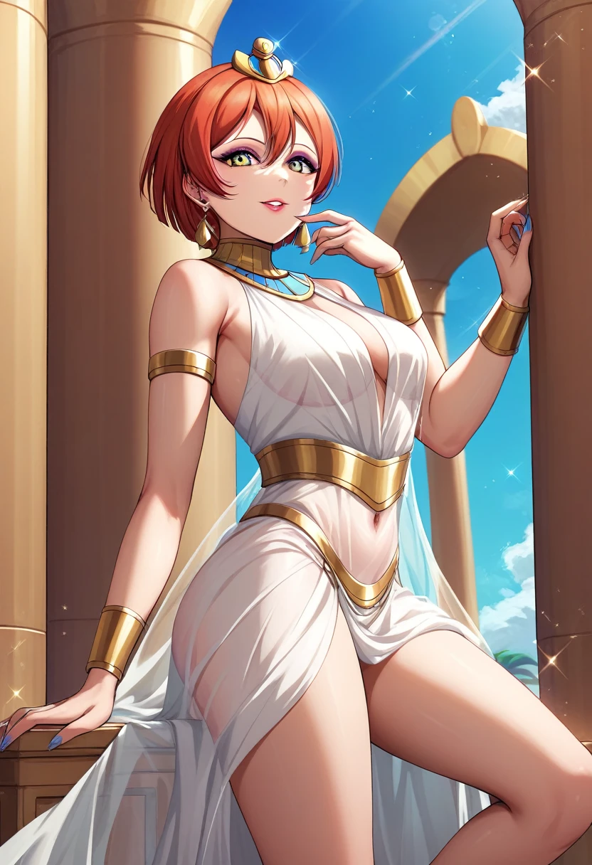 Masterpiece, sksrin, beautiful , facial details, 8k wallpaper, Rin Hoshizora Love Live, short hair, white see through dress, Egypt queen,tiara,in Egypt ,(lipstick:0.8), makeup