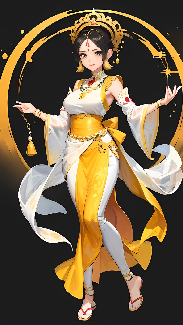 Masterpiece, Best quality, 1 young girl with a yellow sari and gold jewelry, sukhothai costume, in style of thawan duchanee, south east asian with long, sarong, traditional, wearing a sari, wearing sari, dressed in a sari, sari, nivanh chanthara, Thai dress, traditional dress, in style of lam manh, wear trouser, traditional clothes, hafl body, Thai style, the expression is cold, anime, illustration, black or white background, simple background