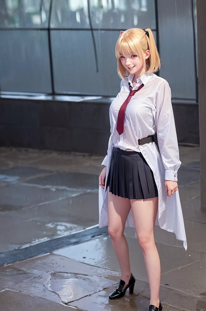 Highest quality, The true picture, Intricate details, Very detailed, Ultra-high resolution, Depth Field,(Realistic,Realistic:1.2),Tabletop , ((Full Body Shot)) , ((length, Thin legs)), 1 Girl, eye_Chan, Very beautiful 17 year old girl, innocent big eyes,、Beautiful breasts:1.5、Very detailedなeye:1.2)、(Beautiful breasts:1.1)、((blonde))、(length Bob Hair), short hair, Twin tails、, Perfect Skin, Fair skin, Small breasts, Tight waist, alone, Gazing at the audience,、((School_uniform), (shirt、Remove up to the second button、Wear a tie), (Checkered Pleated Micro Mini Skirt),, ((A happy smile)), ((Perfect hand shape)),The whole body is drenched by heavy rain、The whole body is drenched by heavy rainの服、High heels、 ((Perfect hand shape))、(Perfect foot shape、Embarrassed expression、blush、Gestures to seduce a man、Shining Sweat、Perfect Skin,汗がeye立つ、太ももの汗がeye立つ、 Fair skin,Tight waist, Sweating profusely、Sweaty hair、Sweaty clothes、Sweaty、eye立つ汗、rain-wet hair、A vast Western church with stained glass windows