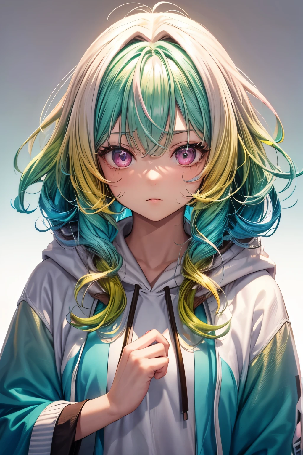 1 girl, alone, alone focus, Cowboy shooting, portrait, Oversized Hoodie, Aqua and white hoodie, Semi-aqua, half green, ((brown hair)), (Yellow hair), (gradient hair :1.5), curls, ((pink eyes)), Super detailed eyes, Brown, (Caramel dark skin:1.1), best quality, Super detailed, White background, Simple background