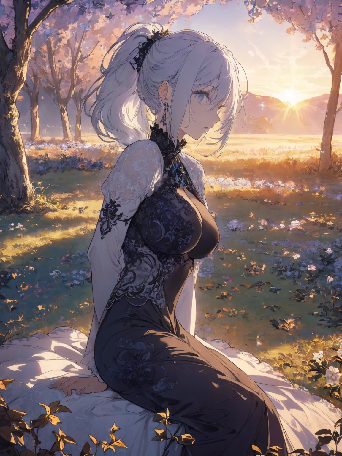 (nsfw landscape photo, with a woman in the bottom right of photo:1.5, in white garden:1.5), Masterpiece, best quality, (very detailed CG unity 8k wallpaper), (best quality), High definition RAW color art, Animation,sculptures, (black Marble Skin), (((Ultra detailed elegant))), Magical atmosphere, Detailed skin, Texture,(Intricately detailed, Fine detail, ultra-detail art), depth of fields, bokeh, Silky Touch, Hyper Detail, beautiful eyes, Elegant Face, (sexy profile posing), sparkle background, enormous breast:1.4, (silver hair), pastel purple, witchcraft dress, ponytail:1.1, embarrassing face, ivy, Dramatic Light, smiley, Frills, sunset, cross