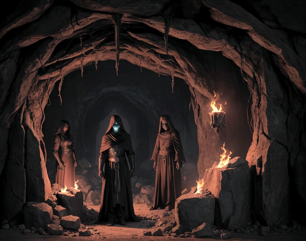 "A cavernous realm engulfed in shadows, where flames flicker ominously against jagged rocks. Souls of varying appearances and expressions are depicted in torment, surrounded by symbols of judgment and remorse. The scene captures the biblical portrayal of Hell as a place of eternal punishment and separation from God. Sinister figures oversee the damned, illustrating the consequences of moral choices and divine justice in the afterlife."