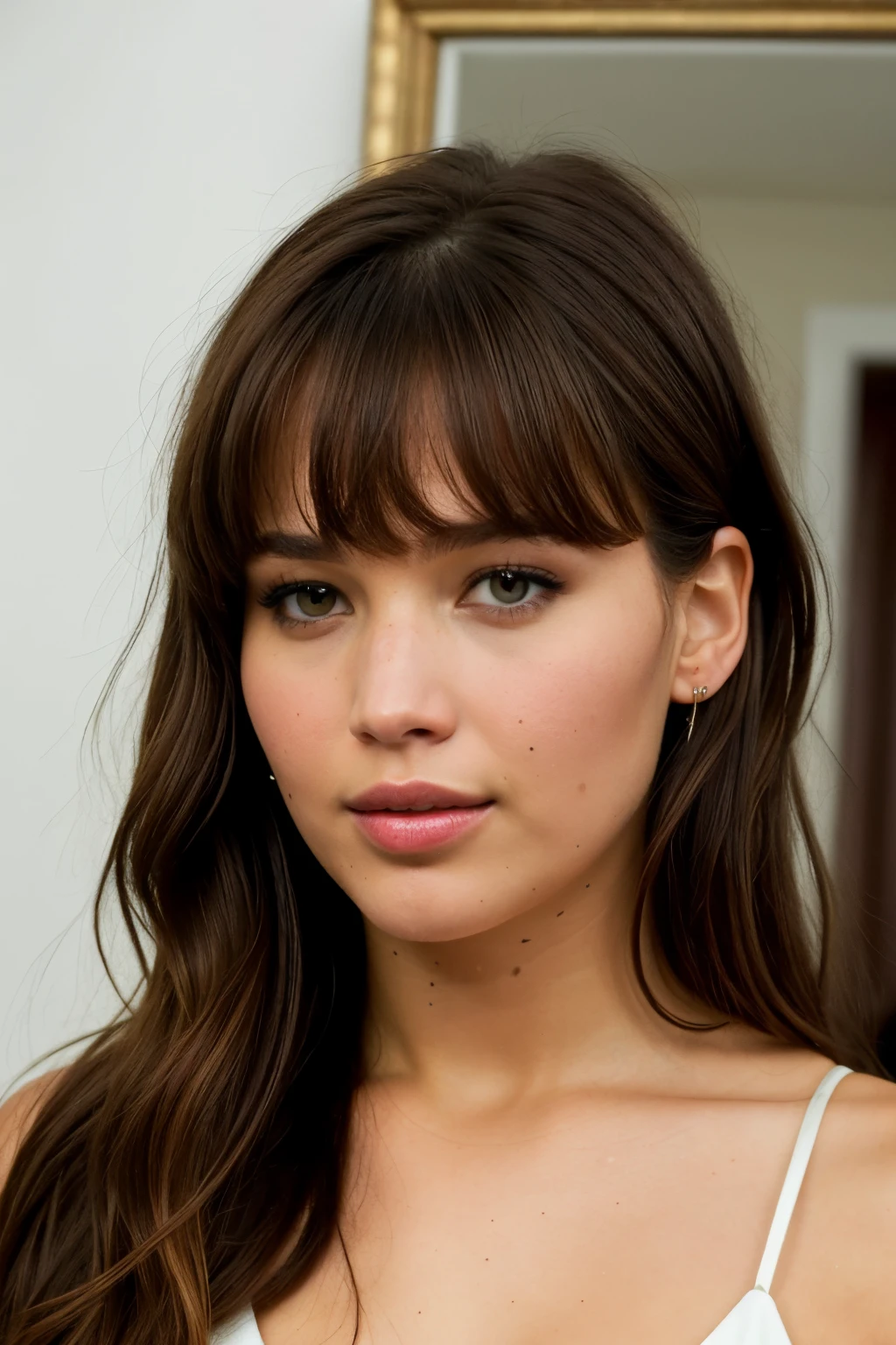 Create ultra-realistic 3D images of a Brazilian woman named Jennifer Lawrence, boasting medium-length brown hair with vivid red highlights, expertly layered and featuring bangs. Her eyes are a warm and inviting brown, accentuated by a subtle glow from her glossy makeup. The application of brown eyeshadow defines her expressive eyes, while a touch of boyfriend blush adds a natural rosy hue to her cheeks. Her full, glossy lips are accentuated by a coat of lip gloss, creating a youthful and radiant appearance.

In the image, Jennifer is captured in an elegant and dynamic pose, standing in front of a full-length mirror. She is taking a