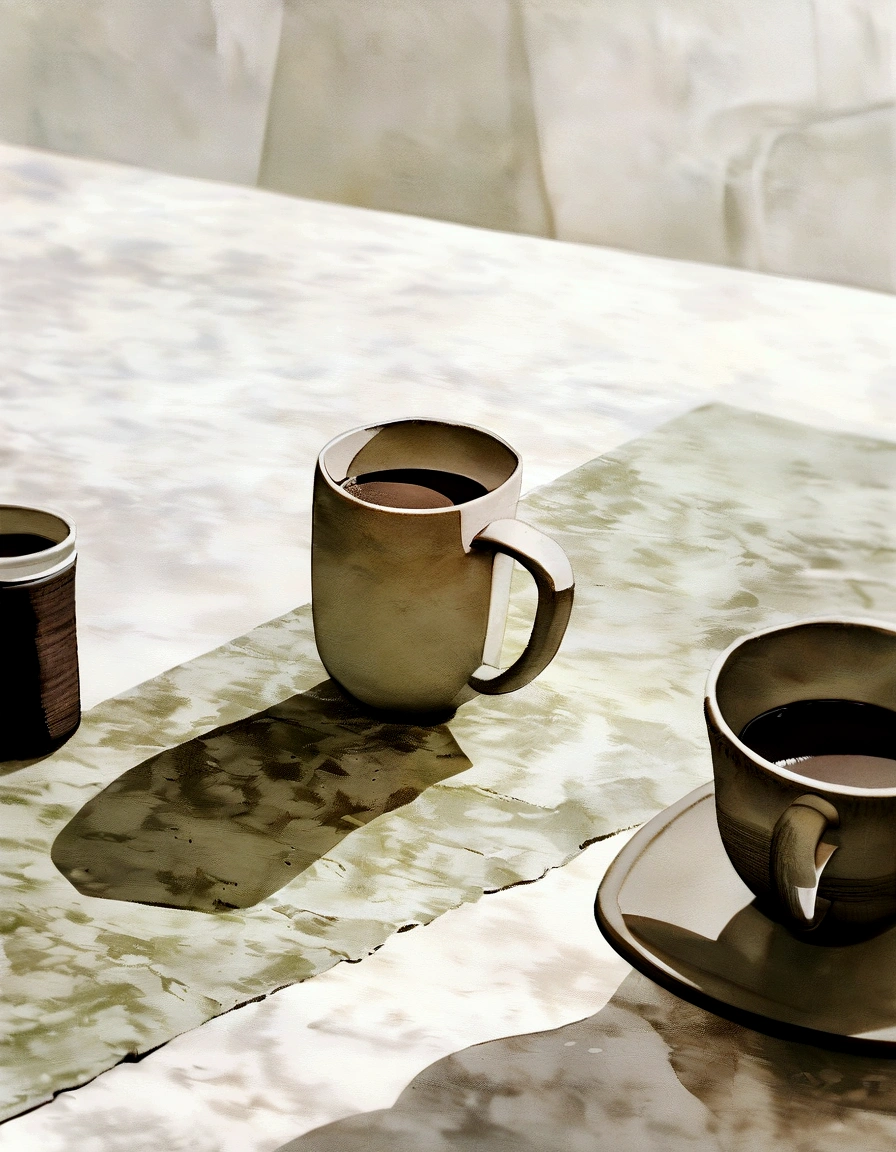 Coffee cup placed on white marble table in light brown and green style, Rough surface, Duck core, Folk style, Ilford Pan F, Complex, round, A is sitting at the table