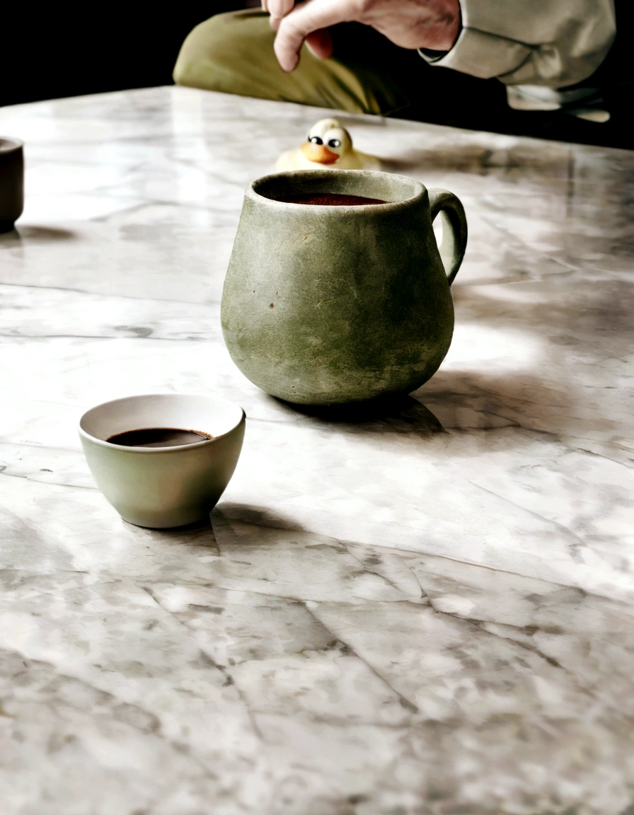 Coffee cup placed on white marble table in light brown and green style, Rough surface, Duck core, Folk style, Ilford Pan F, Complex, round, A is sitting at the table