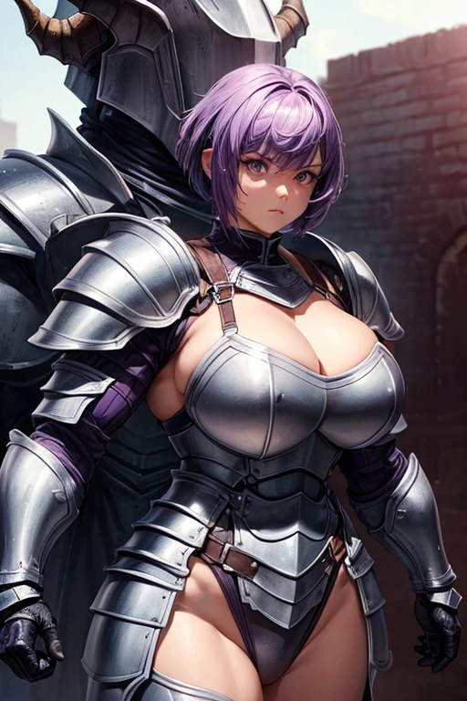one female character, (musclegirl), ((short-hair)), purple hair, (medium breasts), (big-ass). very muscular, ((plate armor)), a gentleman, ((wearing armor that covers the entire body)), (((a draconian armor)))