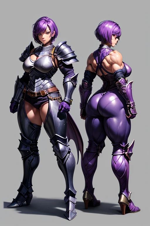 one female character, (musclegirl), ((short-hair)), purple hair, (medium breasts), (big-ass). very muscular, ((plate armor)), a gentleman, ((wearing armor that covers the entire body)), (((a draconian armor)))