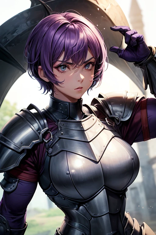 one female character, (musclegirl), ((short-hair)), purple hair, (medium breasts), (big-ass). very muscular, ((plate armor)), a gentleman, ((wearing armor that covers the entire body)), (((a draconian armor)))