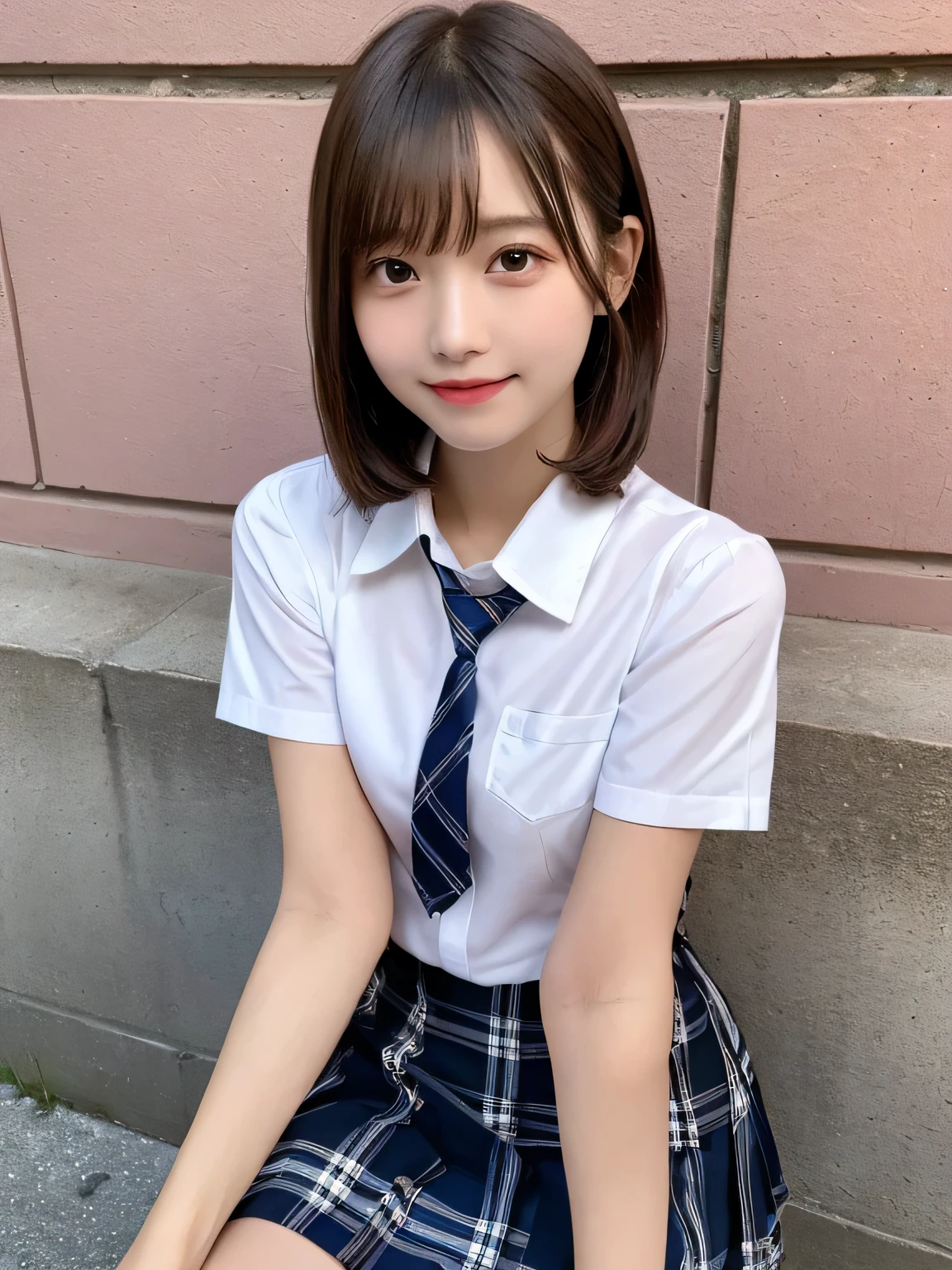 Tabletop、Highest quality、figure、 Super detailedな、High resolution、8k wallpaper、Perfect dynamic composition,、Beautiful attention to detail、Natural color lip、Bold sexy pose、smile、、cute、sexy shot looking at camera、(Highest quality: 1.3), (masterpiece: 1.3), (Super detailed: 1.3), (wallpaper, One Girl: 1.1), (Detailed hands and fingers:1.2)、(Ultra-oily, lustrous skin with attention to detail:1.1)、Oily shiny knee socks、(The perfect school girl uniform:1.3)、Short sleeve dress shirt、(Beautiful small breasts:1.3)、(Red checkered mini skirt:1.2)、Sit with your legs apart、Blonde、short hair、Beautiful sister、Pink wall