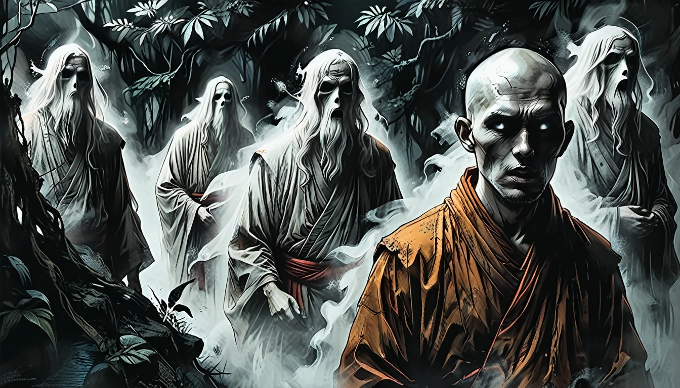 ((side view):2),close up portrait of line ghosts of Buddhist monks, many ghosts, without faces, shadows, night, jungle, fog, opened mouth, graphic style of novel comics, 2d, 8k, hyperrealism, masterpiece, high resolution, best quality, ultra-detailed, super realistic, Hyperrealistic art, high-quality, ultra high res, highest detailed, lot of details, Extremely high-resolution details, incredibly lifelike, colourful, soft cinematic light,