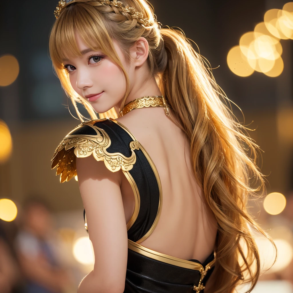 Woman portrait、Highest quality、Rear View、8K, clear, (((Golden and wide pubic hair 1.4)))、Fine skin、clear, Beautiful Eyes、Cleavage、A relaxed and natural smile、whole body、Curly Hair、(My hair was messed up by the wind)、The beauty of a smile、(Attractive muscles、expensive),(Hip_Excellent, Hip Excellent), 金のPrincess,( Observe the audience),Elaborately decorated armor,Blonde,ponytail,bangs,Princess, White and red breastplate, Super Beauty),(Bokeh), (Detailed face),Gold ribbon,((Black gal)),((Put your arms behind your back)),(Bokeh),(Studio Lighting)
