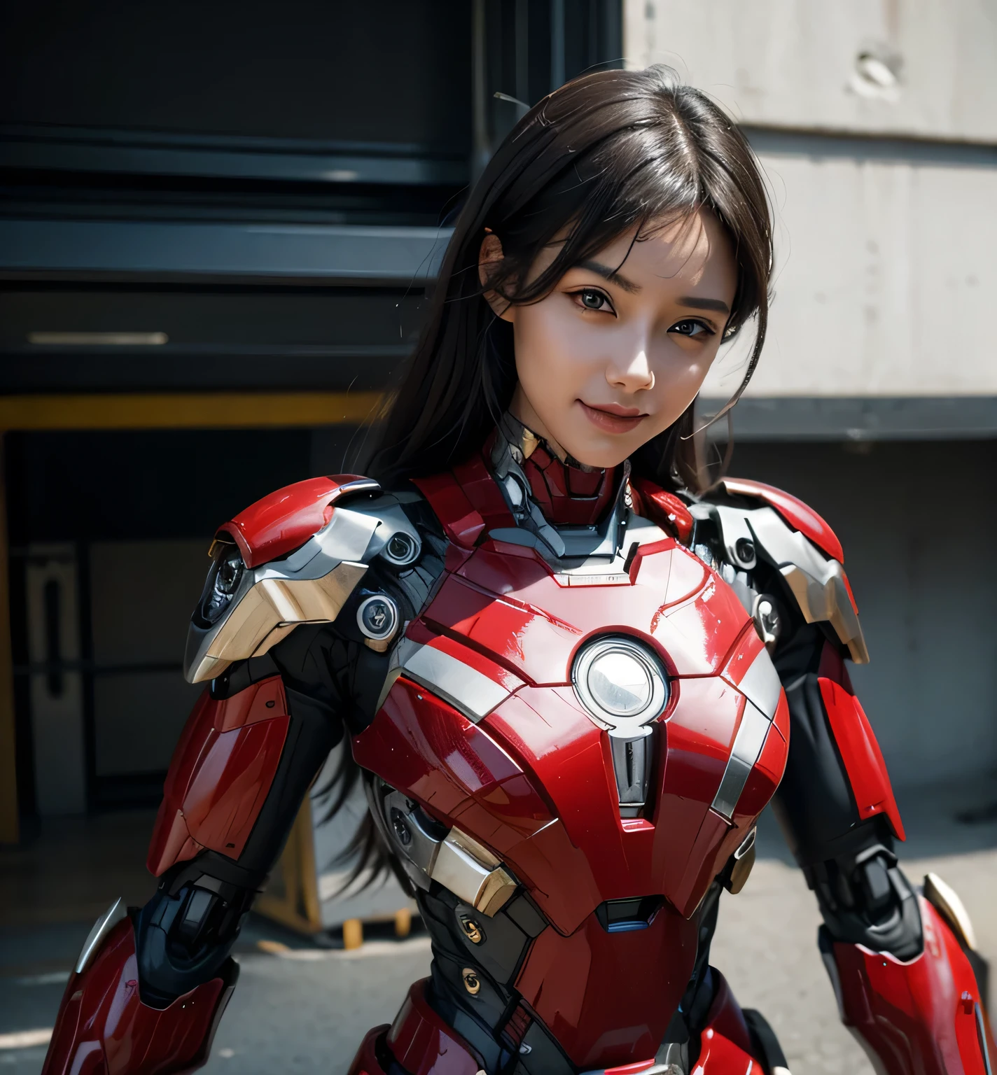 Textured skin, Super Detail, high details, High quality, Best Quality, hight resolution, 1080p, hard disk, Beautiful,(Iron Girl),Beautiful Smile,beautiful cyborg woman,Mecha Cyborg Girl,Battle Mode,Girl with a Mecha Body,She wears an Iron Man mech,A powerful cyborg woman, sleek and futuristic, with advanced mechanical augmentations that enhance her strength and capabilities