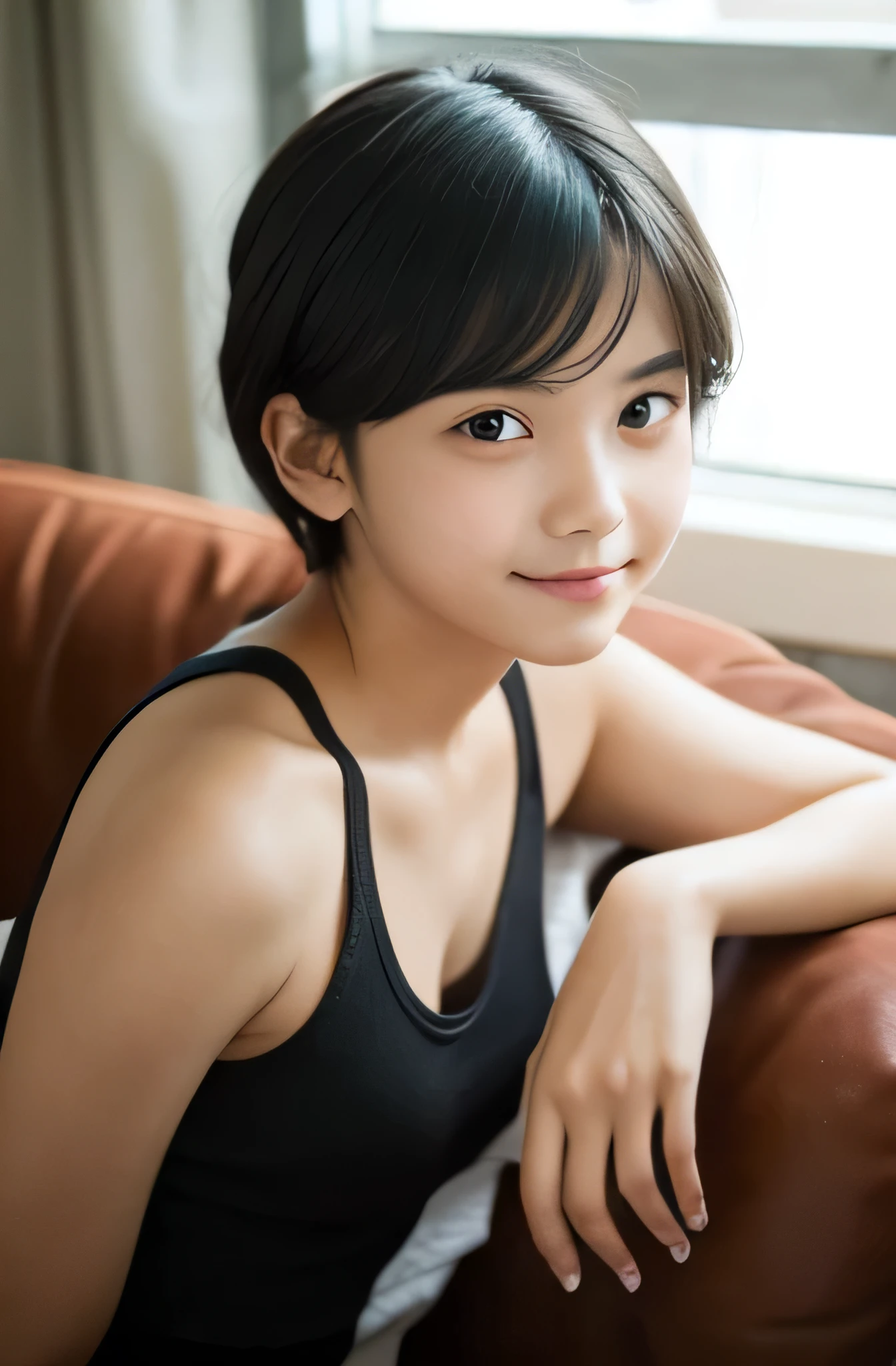 One girl, Short hair up to shoulders,Black Hair,smile, summer, room,Sitting on the sofa,,Dignified face,Look at this,front,Tank top,Fair skin, (masterpiece, Highest quality), Soft Light, Structure of the film, Like in the movies