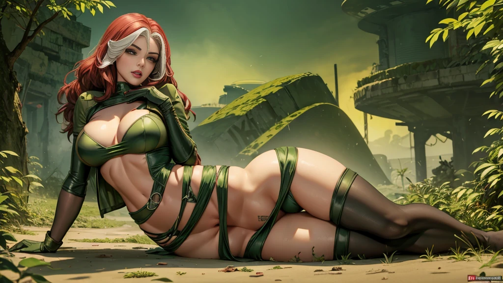 Titania, pose sexy, wasteland, x-men vampira ñ, breasts big, longye hair, small waist, high qulity, 4K, Kale, thick breasts exposed.