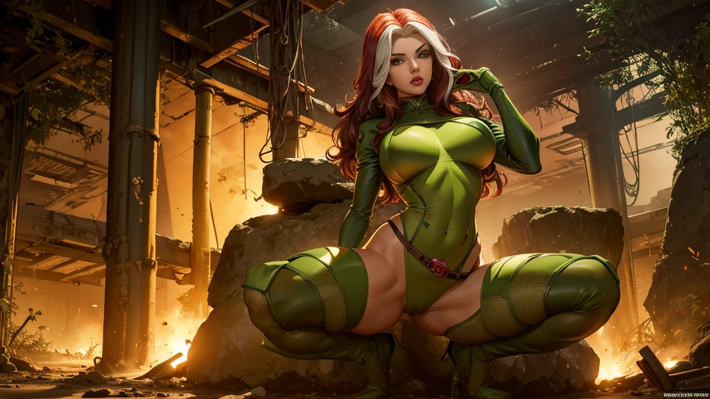 Titania, pose sexy, wasteland, x-men vampira ñ, breasts big, longye hair, small waist, high qulity, 4K, Kale, thick breasts exposed.