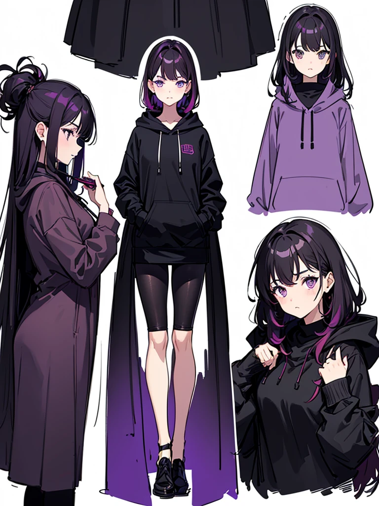 Wearing black tights, Wearing a hoodie, Black clothes, The skin is hidden, I was wearing long pants,cool,Dressed in a black robe, Toned body, Wine red hair, one big woman,Updo, Nervous,Cowboy Shot, sketch (Character design sheet, same characters, whole body, Three-View, front, ~ ~ ~ side, return),(Very bright:1.1), White Background, [1 Girl:7], (Tilt your head:1.2), ([sketch|watercolor \(Moderate\)]:1.15), (Ink blotches:1.1), (pale:1.2),(purple:1.2),(reddish black:1.2), Chaotic Abstract Background, Vector Trace, Gradient Blending, Bright colors, that&#39;wonderful, Very detailed, Complex, (Very low contrast:1.4)