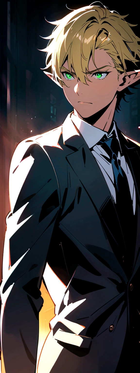 adult man, Short blonde hair, elf ears, greeneyes, suit