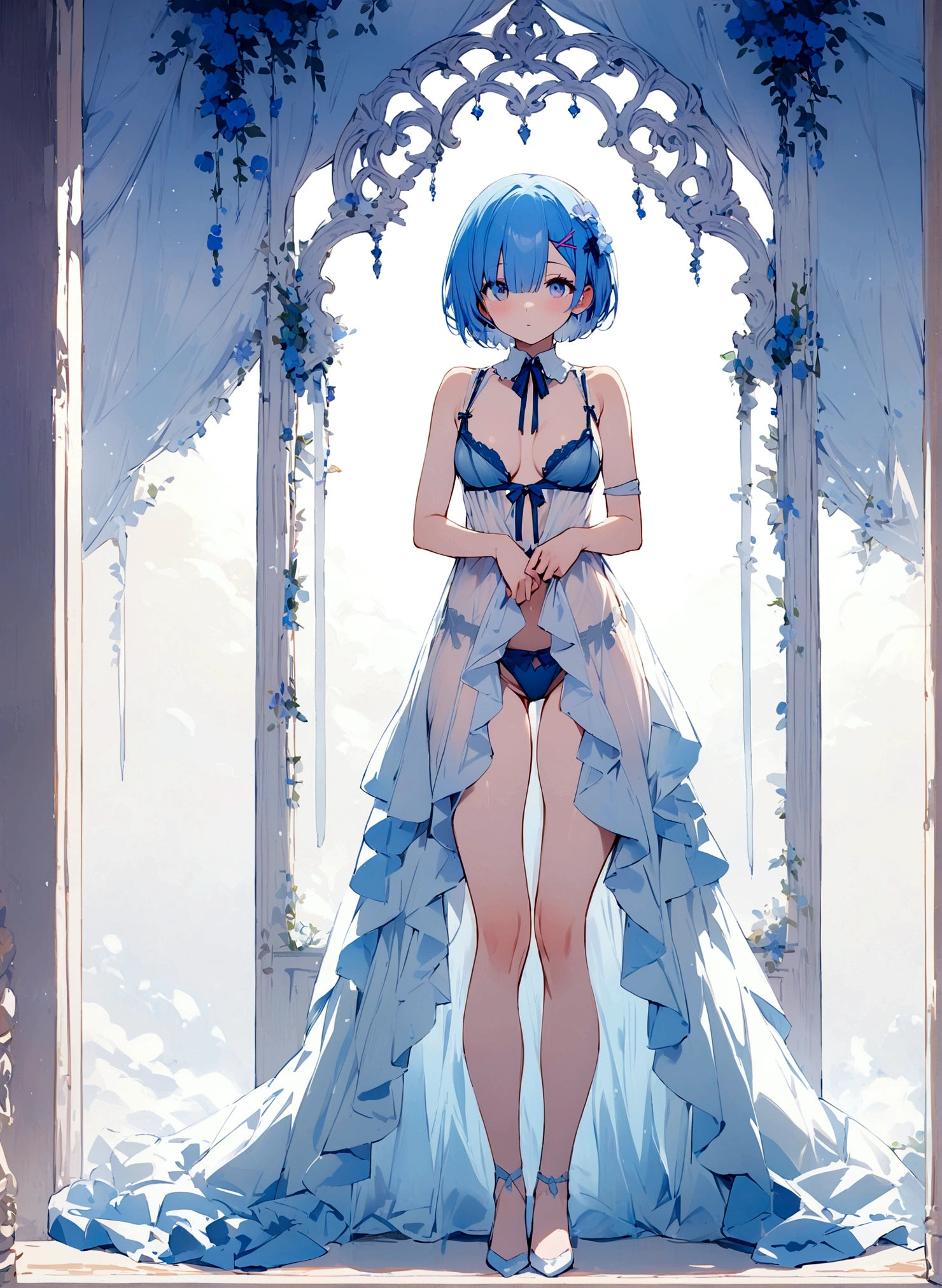 masterpiece, Highest quality, Rem, One Girl, lingerie,Beautiful Eyes,Blue Hair,whole body,Are standing