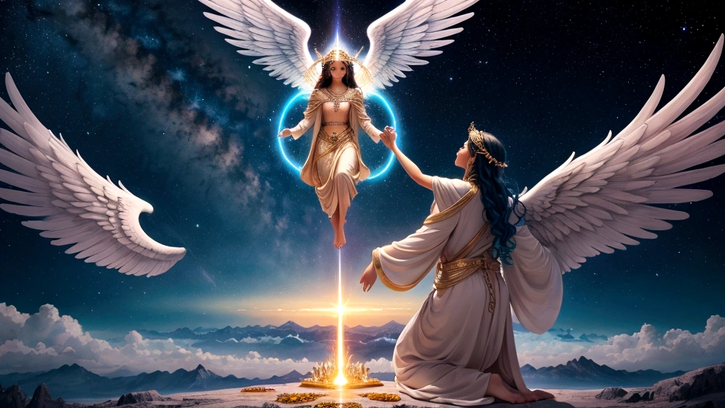 "A majestic celestial landscape, where vibrant colors swirl in an otherworldly sky. In the center, figures of diverse backgrounds ascend towards a radiant gate adorned with symbols of divine glory. Angels with outstretched wings welcome souls into the ethereal realm, embodying the biblical depiction of Heaven as a place of eternal peace and divine presence. The scene evokes a sense of awe and spiritual fulfillment, symbolizing the ultimate destination for souls after death."