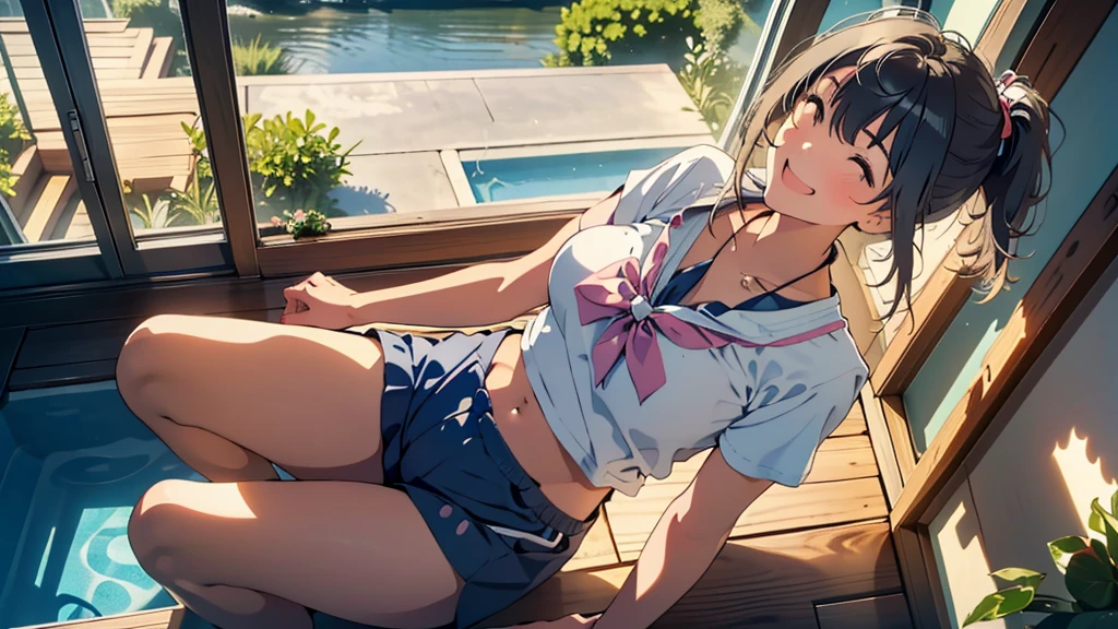 masterpiece,best quality, ultra high res,(beautiful girl:1.4), (beautiful Busty :1), (happy:1.2), (enjoy:1.2), (dark hair:1), (short low ponytail:1.2), medium hair,a  mole around the mouth,wet lip, (burst into laughter:1.4), (squinting:1.4), (simple plain uniform:1.5),(gym uniform:1), school gym clothes, (plain:1.8),(wearing round neck white t-shirt:1.2), navy blue short Sweatpants , upper body shot, ((In a large empty pool)), Pool cleaning, (clean), low angle from below, An old anime school girl character sitting sitting in the terasse of an old japanese house, relaxing at the view of her garden. summer vibes. The colors are soft and pastel, with soft lighting and a nostalgic ambiance, Lo-Fi, , cute girl, side view, wide view