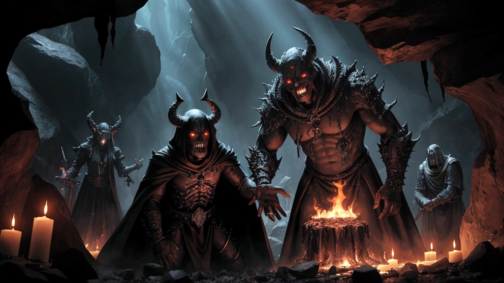 "A cavernous realm engulfed in shadows, where flames flicker ominously against jagged rocks. Souls of varying appearances and expressions are depicted in torment, surrounded by symbols of judgment and remorse. The scene captures the biblical portrayal of Hell as a place of eternal punishment and separation from God. Sinister figures oversee the damned, illustrating the consequences of moral choices and divine justice in the afterlife."