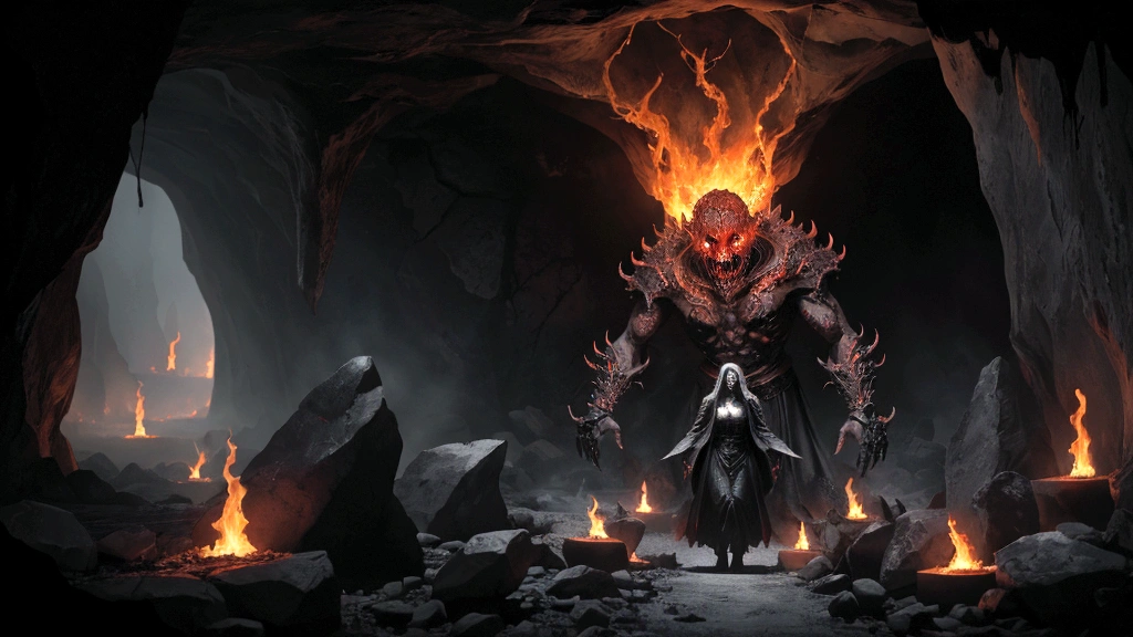 "A cavernous realm engulfed in shadows, where flames flicker ominously against jagged rocks. Souls of varying appearances and expressions are depicted in torment, surrounded by symbols of judgment and remorse. The scene captures the biblical portrayal of Hell as a place of eternal punishment and separation from God. Sinister figures oversee the damned, illustrating the consequences of moral choices and divine justice in the afterlife."