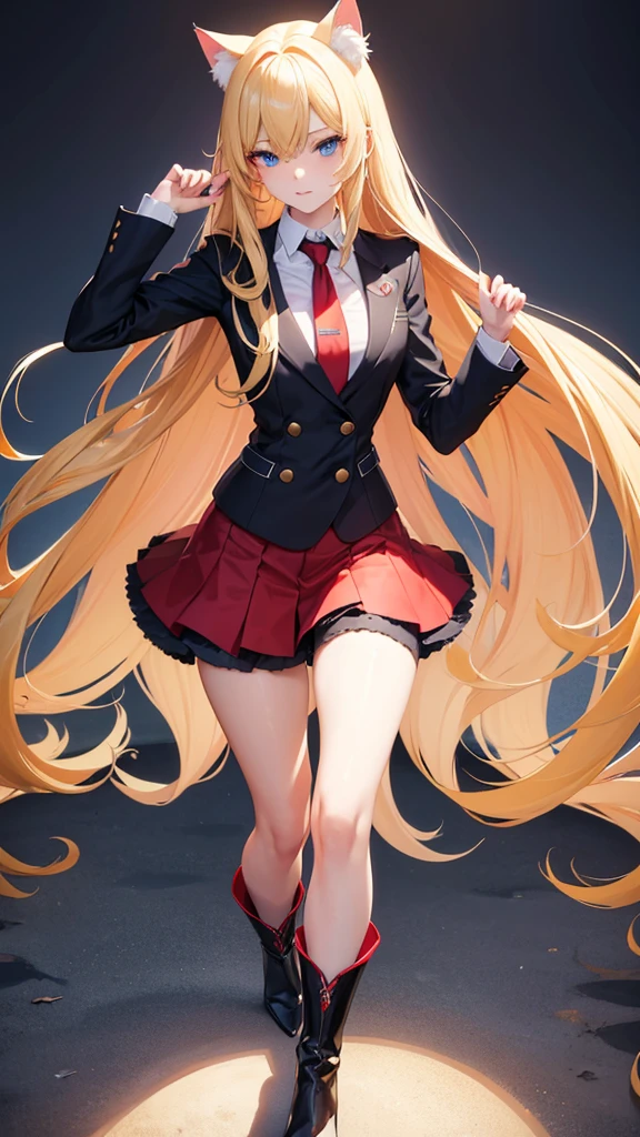 cat girl,long blonde hair,blue eyes,sexy,big chest,student dressed in red skirt and sexy black suit,with long white boots