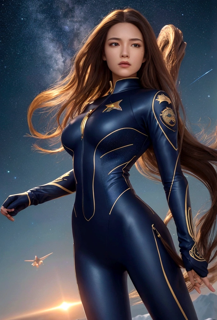 Ultra-realistic full-body beautiful woman, masterpiece, beautiful cinematic, realistic character, ultra-detailed and intricate 3D rendering, vibrant details. A beautiful woman, long hair, wearing a dark navy recruit suit, falling rapidly from an altitude of 10,000 meters, arms and legs stretched out in a star shape, feeling wind pressure, in the blue sky, a red dragon flying parallel to the woman, a ring of light surrounding the woman, countless orbs of light.