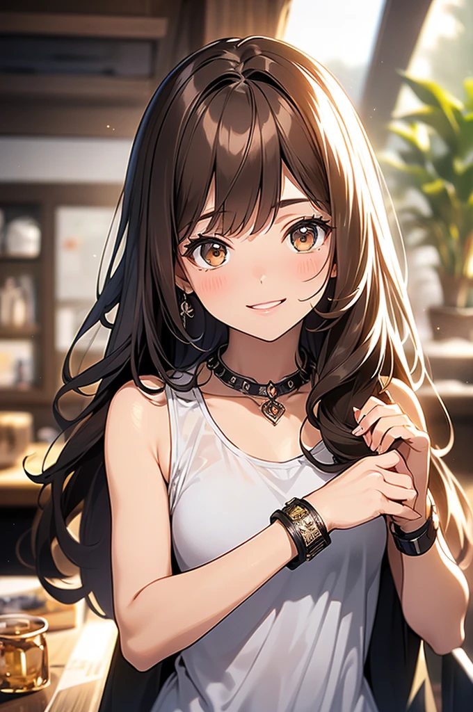 (masterpiece, Highest quality, Super detailed, High resolution, 4K),(Beautiful attention to detail),(Highly detailed face),(One girl),High resolution,Long Hair, Shorts, Telephone, Brown eyes, Brown Hair, cellTelephone, bracelet, Tank top, jewelry, clock, lips, Focus Only, Manicure, Blurred background, smile, wristclock, Realistic, Blurred, View your viewers