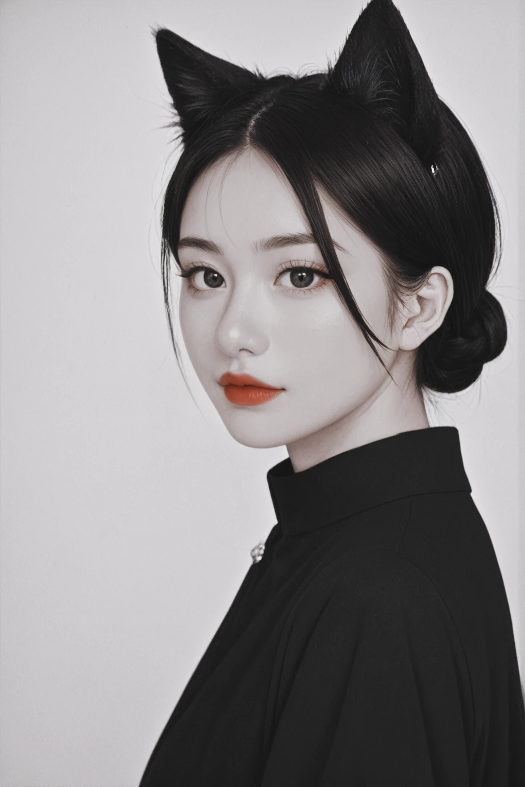 score_9, score_8_up, score_7_up, BREAK,
In a close-up portrait, a girl with cat ears, black hair, and black eyes is captured. She is dressed in black and white streetwear clothes, complemented by black and white accessories. The image focuses on her face, highlighting her striking features and the unique combination of her cat-like ears with her human appearance.
Her black hair is styled in a way that enhances her mysterious and enigmatic expression. The black and white color scheme of her clothes and accessories adds to the monochromatic theme of the image, creating a visually striking contrast.
The overall effect of the portrait is one of elegance and simplicity, with the focus squarely on the girl's captivating gaze and her cat ears, which add a playful and whimsical touch to her overall appearance. This artwork is a testament to the artist's ability to create a captivating and memorable character through a simple yet effective color palette and a close-up perspective.