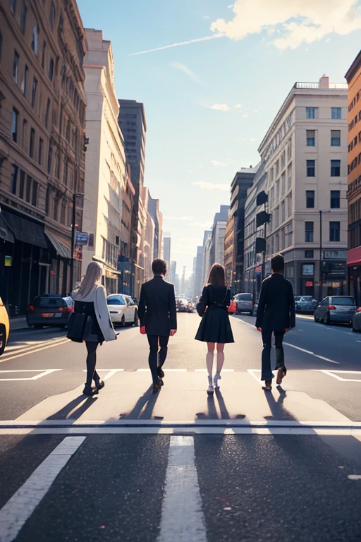 During the day, a Beatles-inspired group of four people walk across a crosswalk, reminiscent of the Abbey Road album cover. BREAK Each of the four individuals is dressed differently, walking in sync. BREAK Cars and buildings surround them, adding to the busy city atmosphere.Break masterpiece,ultra quality,best quality,ultra detailed,super detailed,super fine illustration,8k,8k quality,in 8k,8k background,anime style,pov,