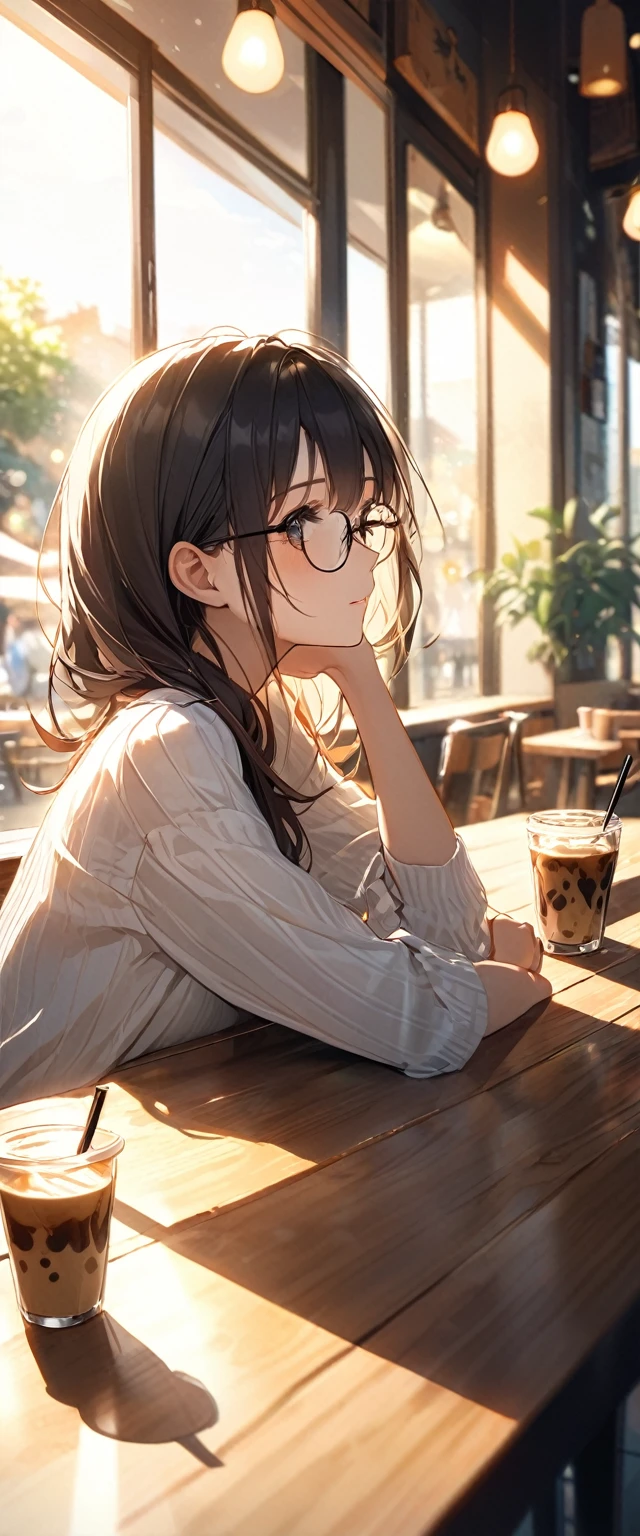 Close-up of beautiful girl with rimless glasses sitting in cafe,Looking out the window.There is a cup of ice coffee on the wooden table(整個頭部Looking out the window.The moment the sun shines)Surrounded by the dazzling afternoon sun, shadow and shade textures,The whole scene looks lazy and romantic, Effortlessly elegant aesthetics.。Cafe bokeh background