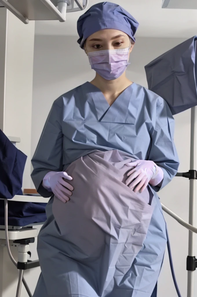 Score_9, Score_8_up, Score_7_up, highest quality, masterpiece, pale skin, big breasts, hide your hair completely, see all the proportions,
surgical mask, surgical cap, long sleeve surgical gown, the dress is not crumpled, 9 pregnant,
1 girl, pregnant, solo, rubber gloves, looking down, operating bed, in the operating room, standing,