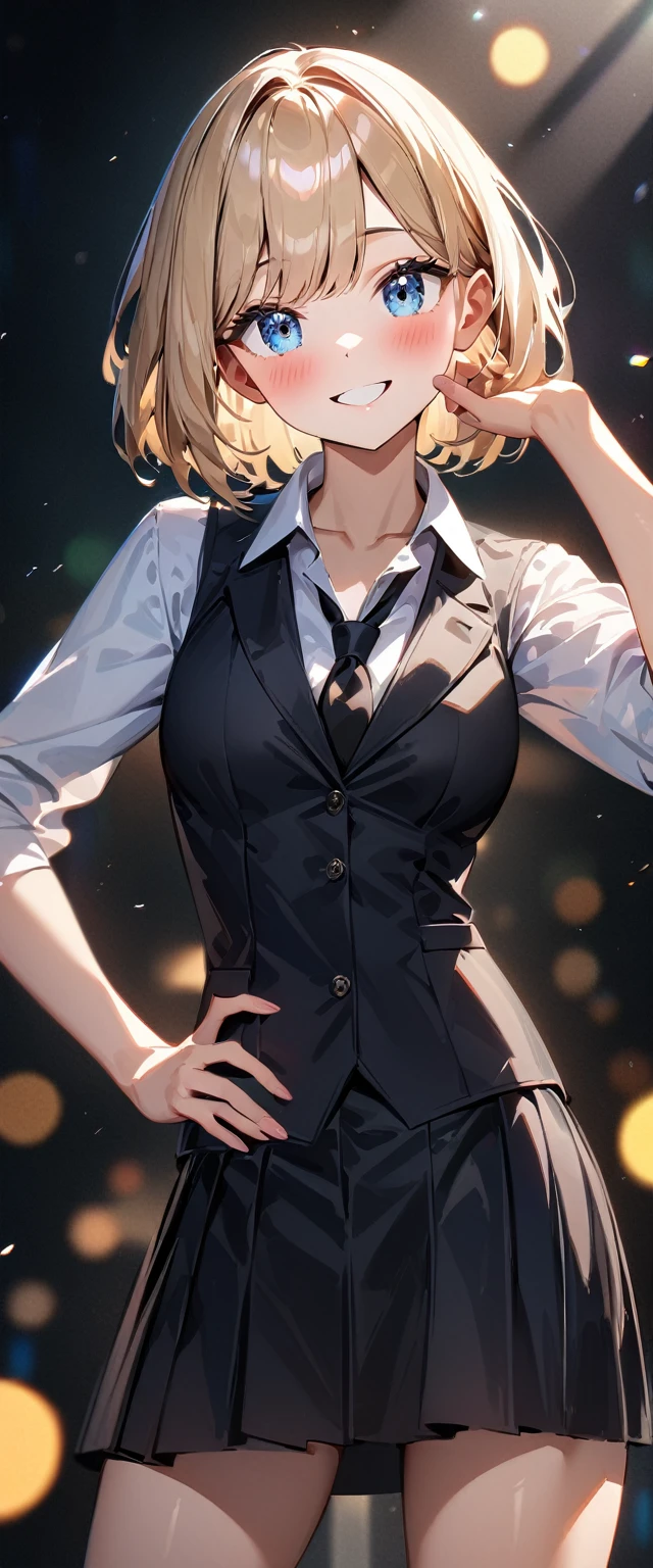 (((One girl))), blond hair, bob cut, (cowboy shot), (looking at viewer), (open collar), ((black tie under the waistcoat)), face in focus, teenager, head tilt:1.3, (((blue eye))), ((happy smile)), ((blush)), contrapposto, one hand on hip, school summer uniform, white shirts, skirt, black waistcoat, anime style, (best quality, 4k, 8k, highres, masterpiece:1.2, ultra-detailed, ultra-detailed eyes, HDR, UHD, studio lighting, ultra-fine painting, sharp focus, physically-based rendering, extreme detail description, professional, vivid colors, bokeh)
