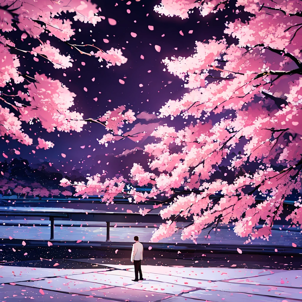 A man standing alone among the cherry blossoms at night. A man who has just gotten over a broken heart and is about to take a step towards a new love. Cherry blossoms at night. Thinking of you while looking at the cherry blossoms at night.