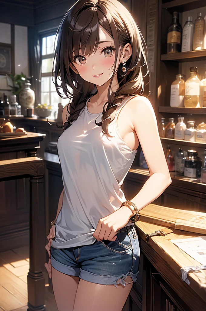 women, natural redhead, by the wide, 2 braids, Whole body, standing, short black skirt, white sheer long sleeve off shoulder blouse, yellow eyes, chest a little big, Leaning on the entrance of a door, View up, flirtatious smile, mischievous smile.