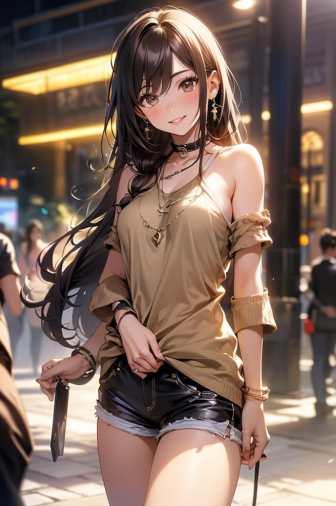 (masterpiece, Highest quality, Super detailed, High resolution, 4K),(Beautiful attention to detail),(Highly detailed face),(One girl),High resolution,Long Hair, Shorts, Telephone, Brown eyes, Brown Hair, cellTelephone, bracelet, Tank top, jewelry, clock, lips, Focus Only, Manicure, Blurred background, smile, wristclock, Realistic, Blurred, View your viewers、Completely naked