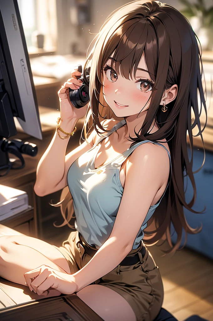 (masterpiece, Highest quality, Super detailed, High resolution, 4K),(Beautiful attention to detail),(Highly detailed face),(One girl),High resolution,Long Hair, Shorts, Telephone, Brown eyes, Brown Hair, cellTelephone, bracelet, Tank top, jewelry, clock, lips, Focus Only, Manicure, Blurred background, smile, wristclock, Realistic, Blurred, View your viewers、Completely naked