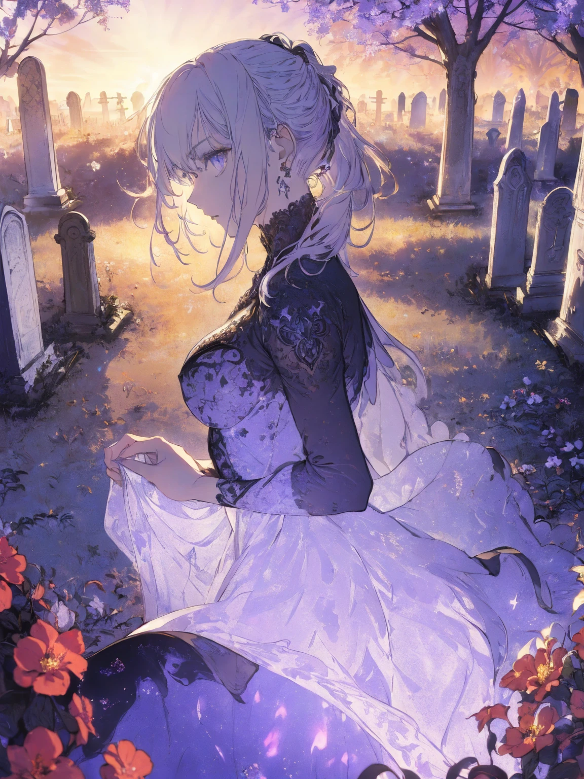 (landscape photo, with a woman in the bottom right of photo:1.5, in white garden:1.5), Masterpiece, best quality, (very detailed CG unity 8k wallpaper), (best quality), High definition RAW color art, Animation,sculptures, (black Marble Skin), (((Ultra detailed elegant))), Magical atmosphere, Detailed skin, Texture,(Intricately detailed, Fine detail, ultra-detail art), depth of fields, bokeh, Silky Touch, Hyper Detail, beautiful eyes, Elegant Face, (profile posing), sparkle background, enormous breast:1.4,  (silver hair), pastel purple, witchcraft dress, ponytail:1.1, embarrassing face, ivy,  Dramatic Light, smiley, Frills, sunset, cross cemetery:1.3