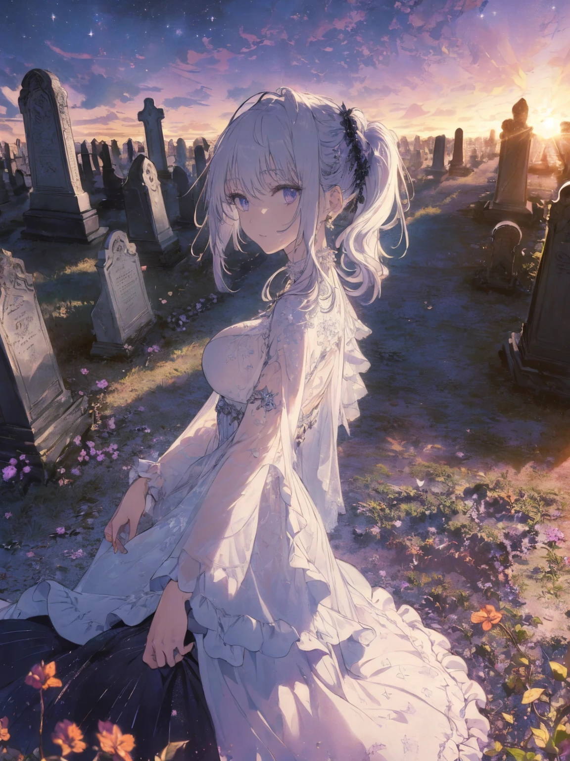 (landscape photo, with a woman in the bottom right of photo:1.5, in white garden:1.5), Masterpiece, best quality, (very detailed CG unity 8k wallpaper), (best quality), High definition RAW color art, Animation,sculptures, (black Marble Skin), (((Ultra detailed elegant))), Magical atmosphere, Detailed skin, Texture,(Intricately detailed, Fine detail, ultra-detail art), depth of fields, bokeh, Silky Touch, Hyper Detail, beautiful eyes, Elegant Face, (profile posing), sparkle background, enormous breast:1.4,  (silver hair), pastel purple, witchcraft dress, ponytail:1.1, embarrassing face, ivy,  Dramatic Light, smiley, Frills, sunset, cross cemetery:1.3