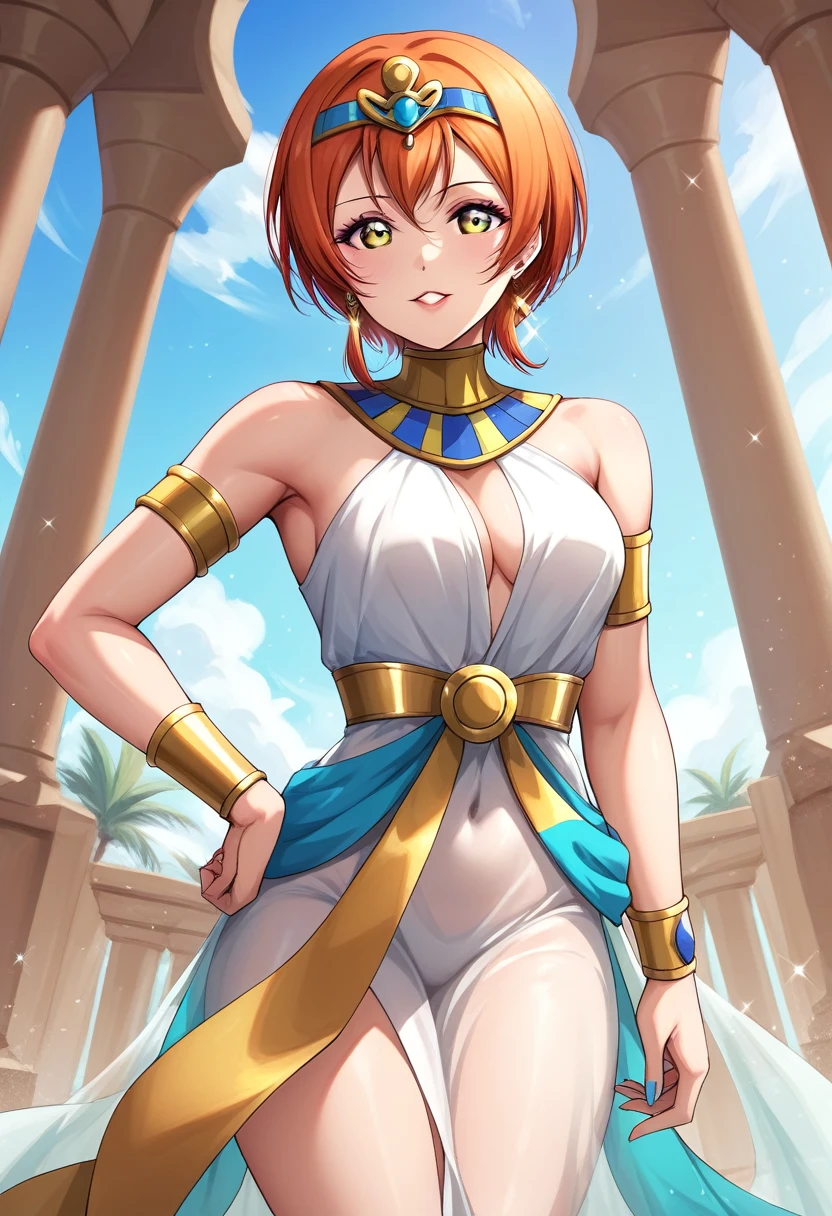 Masterpiece, sksrin, beautiful , facial details, 8k wallpaper, Rin Hoshizora Love Live, short hair, white see through dress, Egypt queen,tiara,in Egypt ,(lipstick:0.8), (makeup:0.8)