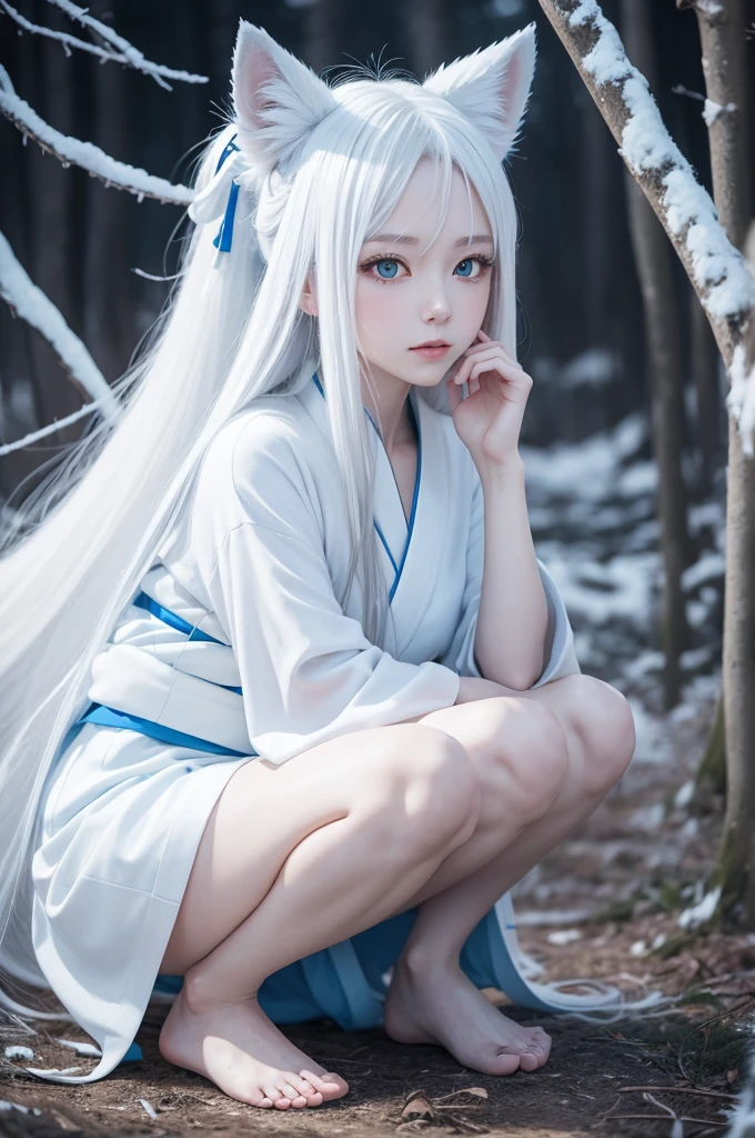 An anime girl with long white hair down to her knees with skin as light as snow shining with the moon in a forest with eyes as blue as the sea wearing a bluish and white kimono with white wolf ears on her head and nine white tails