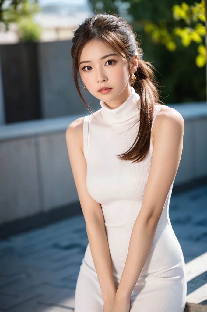 (masterpiece:1.5)、(Realistic:1.5)、(Highest quality:1.4、8K、RAW Photos)、 Ultra-high resolution、Professional Lighting、Perfect dynamic composition、Outdoor Shot、 Film Grain、chromatic aberration、(Bokeh:1.1)、 Frank、Sophisticated、charm、Surreal、High detail、Golden Ratio、 (1 Girl)、Slender girl、繊細でcharm女の子、Cute Woman:1.4、 Serious expression、Looking at the audience、Various poses、 Light brown hair、Shiny Hair、Hairstyle: ponytail、 Realistic looking skin、 shut up.、Beautiful Eyes、double eyelid、Thin arms、、 (Wearing a white ribbed turtleneck sleeveless dress:1.3), (Ultra-realistic pantyhose),